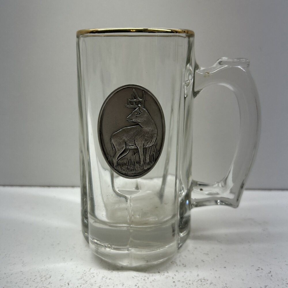 Vintage Gold Rim Deer/Elk Pewter Beer Mug/stein Glass - Great Condition